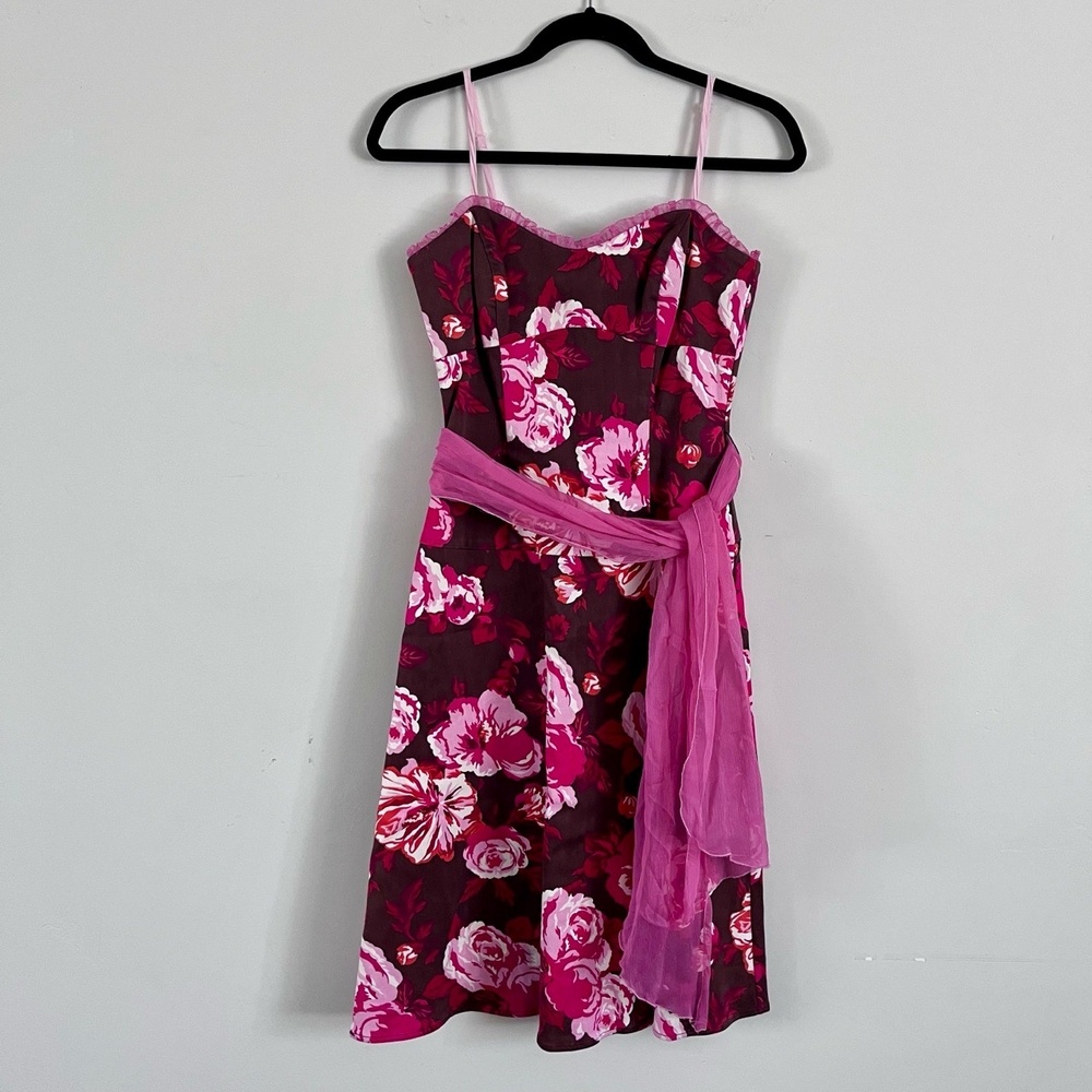 Y2K Dress Sweetheart Sash Belt Garden Party Romantic, Pink Maroon Floral, Size 6